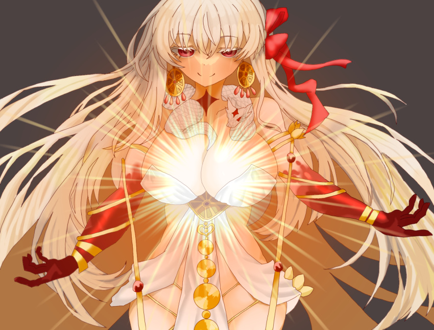armlet bracelet breasts durga_(fate) earrings fate/grand_order fate_(series) grey_background highres jewelry large_breasts light long_hair red_eyes red_ribbon revealing_clothes ribbon smile user_tmjp5322 white_hair