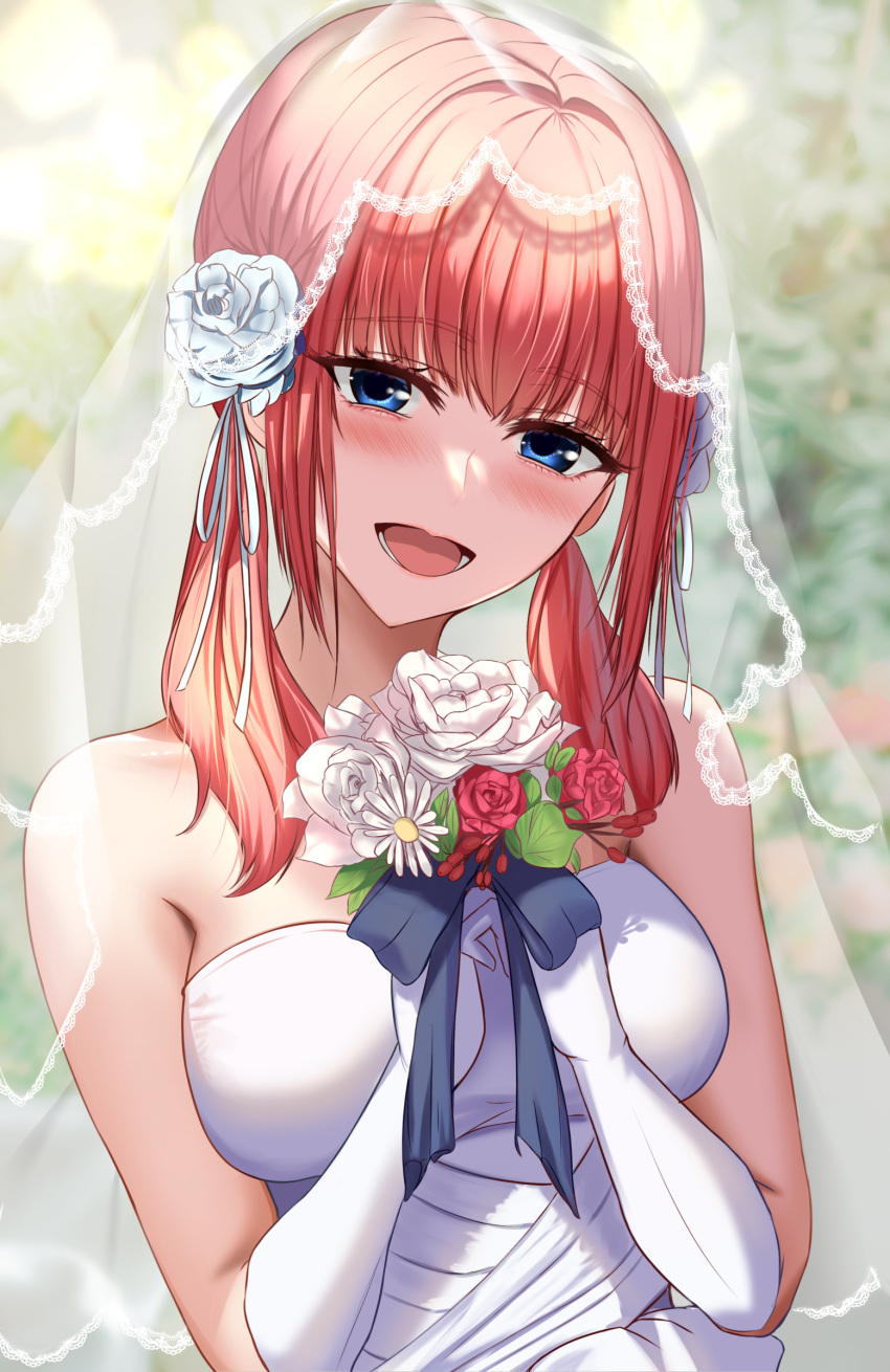 1girl :d absurdres alternate_costume alternate_hairstyle bare_shoulders black_ribbon blue_eyes blurry blurry_background blush bouquet breasts bridal_veil commentary_request dress eyelashes eyes_visible_through_hair flower gloves go-toubun_no_hanayome hair_between_eyes hair_flower hair_ornament hair_ribbon hands_up happy head_tilt highres holding holding_bouquet kukeylove large_breasts looking_at_viewer low_twintails medium_hair nakano_nino open_mouth red_flower red_hair red_rose ribbon rose smile solo strapless strapless_dress twintails upper_body veil wedding wedding_dress white_dress white_flower white_gloves white_ribbon white_rose