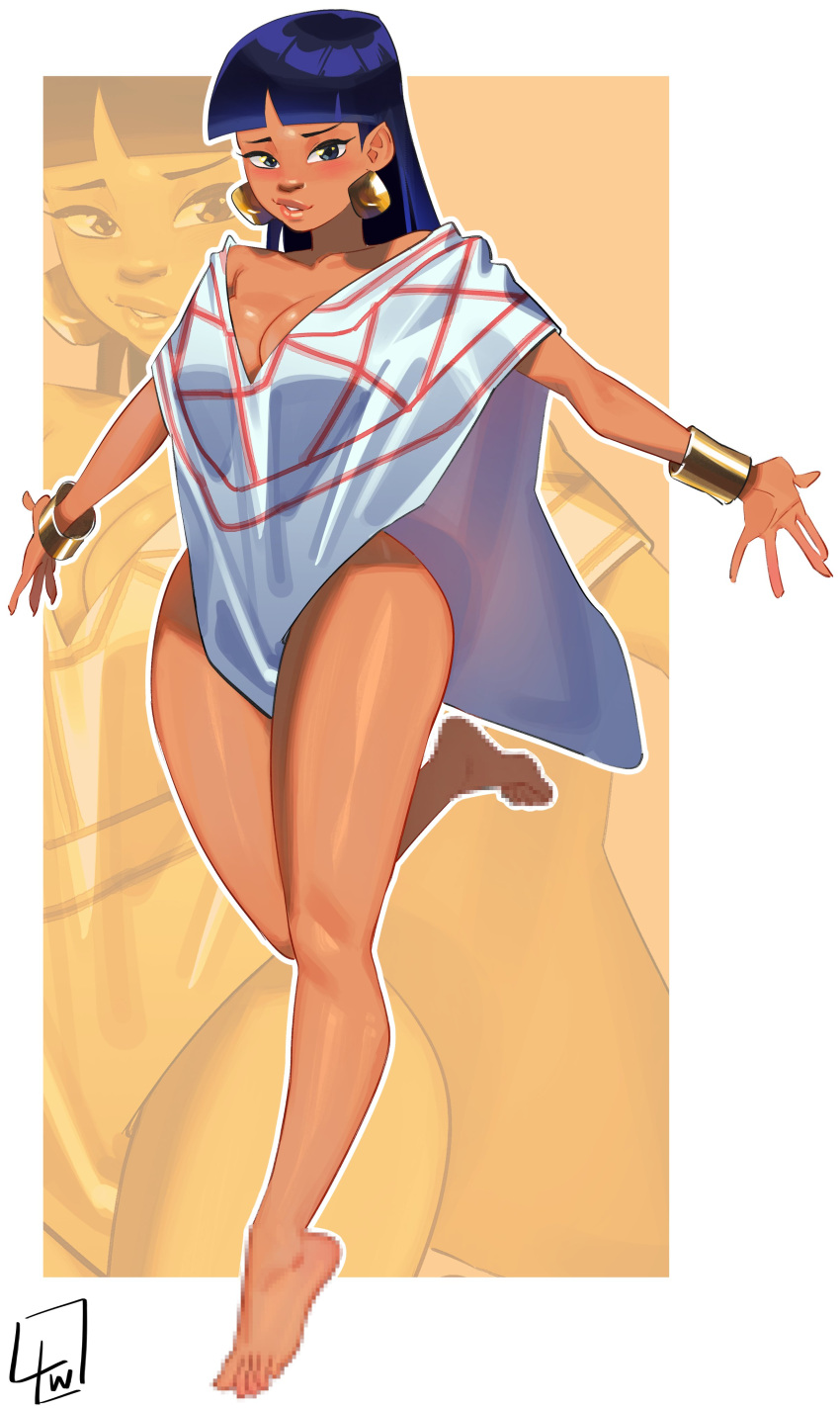 1girl absurdres alternate_costume bare_legs bare_shoulders barefoot black_hair blunt_bangs blur_censor breasts censored censored_feet chel_(the_road_to_el_dorado) commentary dark-skinned_female dark_skin earrings fake_censor full_body gold_bracelet gold_earrings highres jewelry l4wless long_hair looking_at_viewer medium_breasts naked_poncho parted_lips poncho prototype_design signature solo standing standing_on_one_leg strapless the_road_to_el_dorado thick_thighs thighs