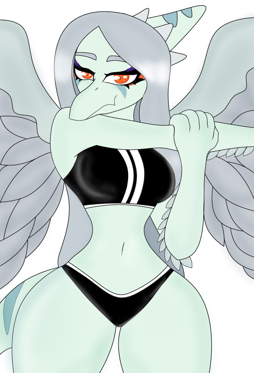 2023 amber_eyes anthro bottomwear bra breasts clothed clothing curvy_figure digital_drawing_(artwork) digital_media_(artwork) dinosaur elbow_feathers eyelashes eyeliner fang_(gvh) feathered_wings feathers female goodbye_volcano_high grey_body grey_scales hair hi_res hotpants hourglass_figure jorgeroman574 long_hair long_tail looking_at_viewer makeup navel pterodactylus pterosaur reptile scales scalie shorts silver_hair simple_background skimpy small_waist smile snoot_game snout solo sports_bra stretching tail thick_thighs underwear voluptuous white_background wide_hips wings workout_clothing