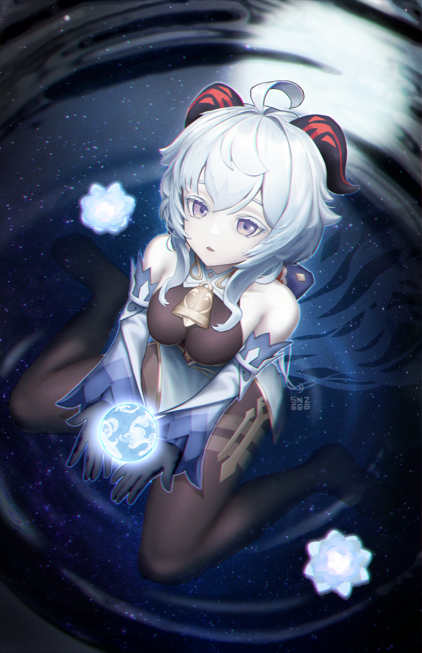 1girl absurdres ahoge artist_name bare_shoulders bell black_gloves black_pantyhose blue_hair bow breasts detached_sleeves ganyu_(genshin_impact) genshin_impact gloves gold_trim highres horns long_hair looking_at_viewer medium_breasts neck_bell no_shoes orb pantyhose parted_lips purple_eyes sidelocks sitting snze solo thighlet wariza white_sleeves