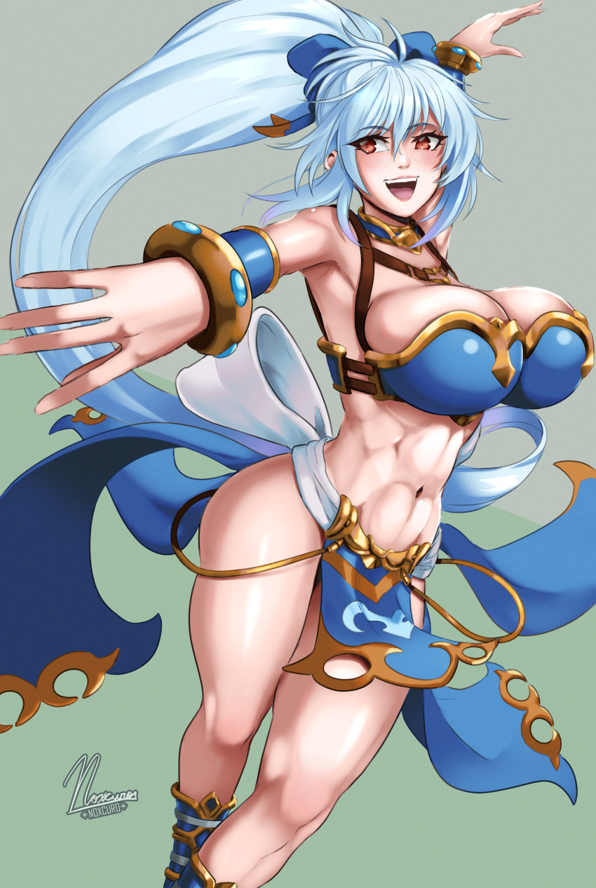 abs absurdres armor bikini_armor breasts bursting_breasts cleavage hair_ribbon happy highres huge_breasts large_breasts loincloth long_hair meru_(dragoon) noxcuro ponytail revealing_clothes ribbon the_legend_of_dragoon thick_thighs thighs very_long_hair white_hair wide_hips