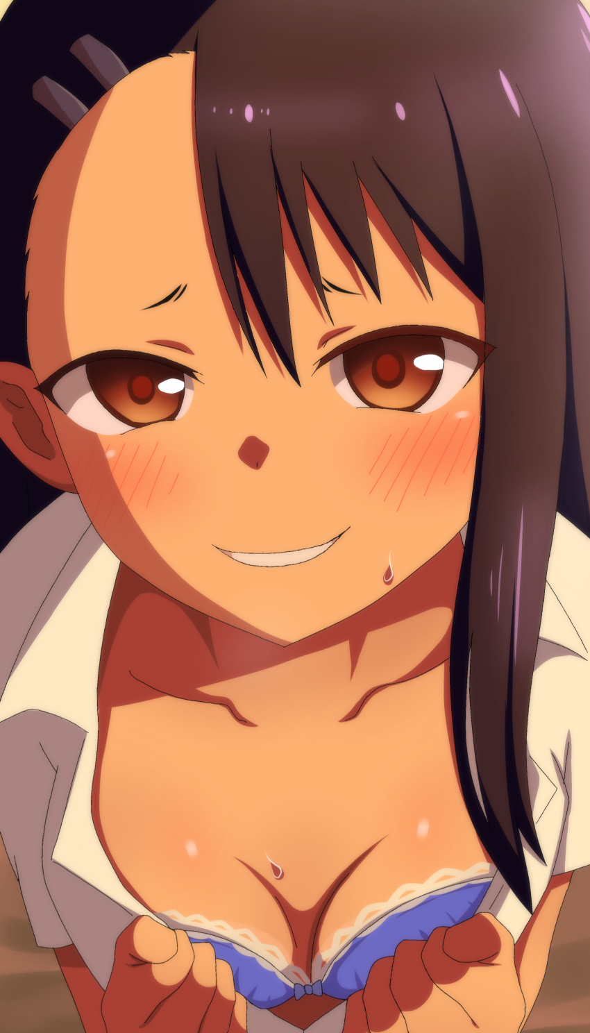 1girl absurdres black_hair blue_bra blush bra breasts brown_eyes cleavage close-up collarbone collared_shirt commentary dark-skinned_female dark_skin facing_viewer frilled_bra frills hair_between_eyes hair_ornament hairclip highres ijiranaide_nagatoro-san long_hair looking_at_viewer nagatoro_hayase open_clothes open_shirt opened_by_self parted_lips poa_mellhen shirt short_eyebrows small_breasts smile solo straight-on sweat tan underwear white_shirt