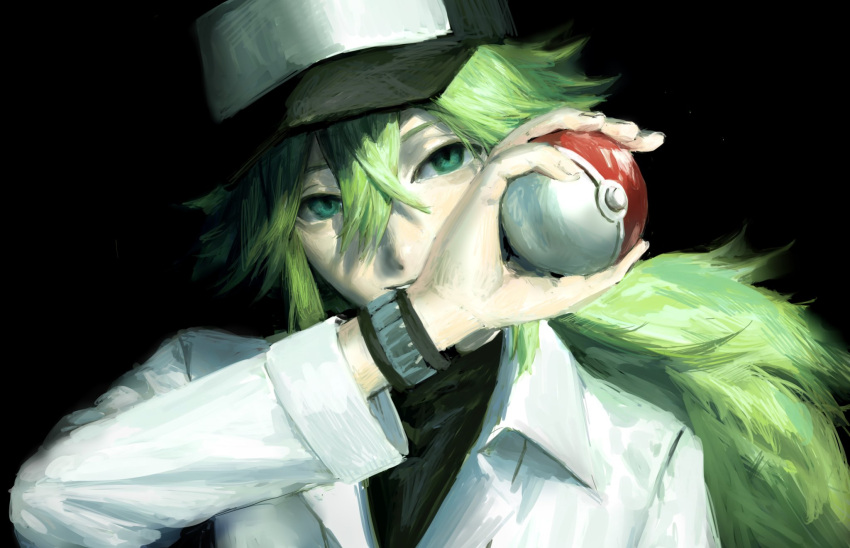 1boy black_background black_headwear green_eyes green_hair hair_between_eyes hand_up hat hatena_(nazequestion) highres holding holding_poke_ball long_hair long_sleeves looking_at_viewer n_(pokemon) poke_ball pokemon pokemon_(game) pokemon_bw portrait shirt simple_background solo undershirt white_shirt
