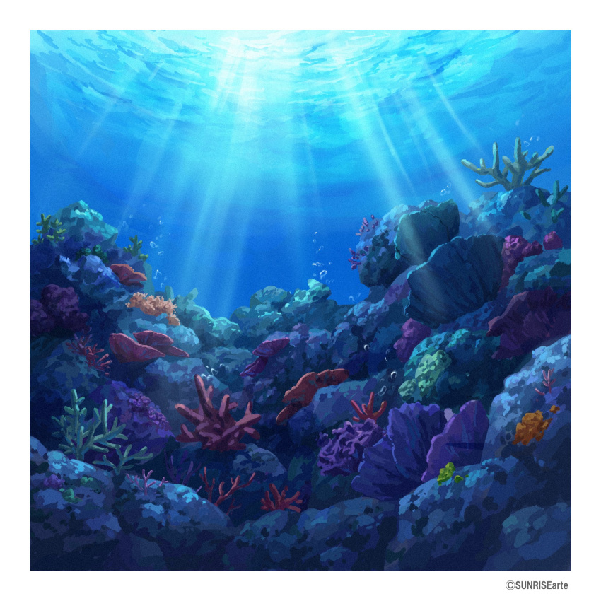 air_bubble bubble coral coral_reef highres no_humans ocean original painting_(medium) seafloor shadow shallow_water still_life sunlight sunrise_arte traditional_media underwater water