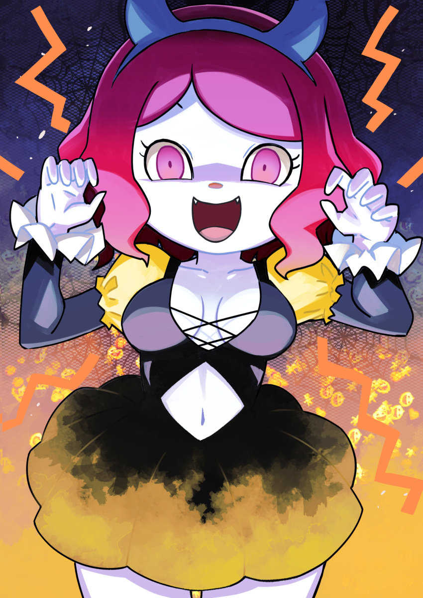 1girl :d animal_crossing black_dress blue_headband breasts claw_pose cleavage clothing_cutout collarbone colored_skin cross-laced_clothes cross-laced_dress dress eyelashes fake_horns fangs halloween hands_up headband highres horns legs_apart looking_at_viewer medium_breasts muramasa_mikado navel navel_cutout open_mouth pink_eyes pink_hair puffy_sleeves short_hair smile solo standing straight-on swept_bangs villager_(animal_crossing) white_skin