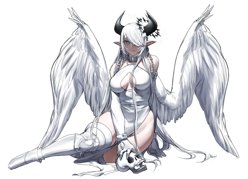1girl absurdres angel_wings bare_shoulders bone chain commission demon_girl demon_horns detached_sleeves english_commentary gloves hair_over_one_eye highres holding holding_skull horns long_hair looking_at_viewer original pointy_ears ryofu_x skull solo thighhighs white_gloves white_hair white_thighhighs wings