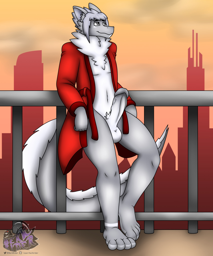 2023 4_toes absurd_res anthro balcony berk_rider city clothed clothing dragon erection feet fur genitals hair hi_res male neck_tuft nude penis robe robe_only sky smile solo sunset tail thick_thighs toes tuft