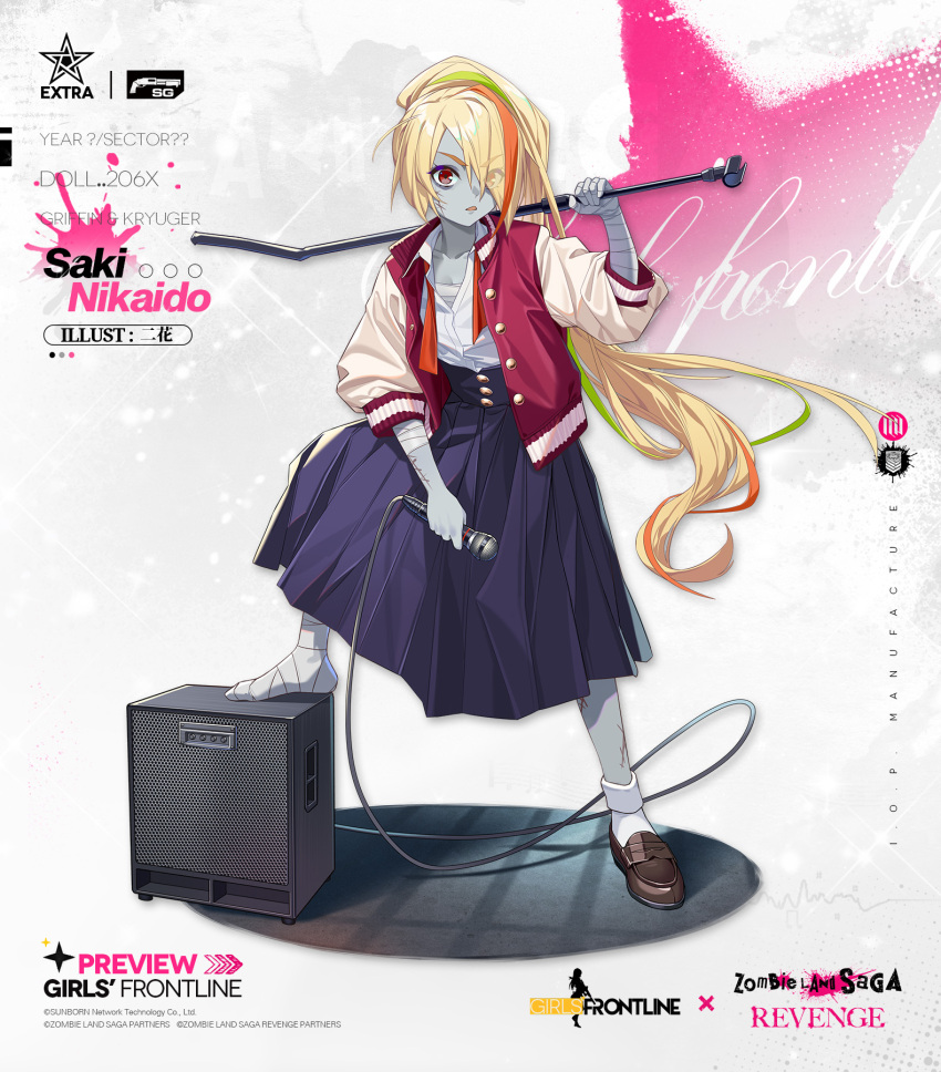 1girl ankle_socks bandages blonde_hair blue_skirt brown_footwear cable character_name collarbone colored_skin commentary crossover english_commentary eyes_visible_through_hair full_body girls'_frontline green_eyes grey_skin hair_over_one_eye high-waist_skirt highres holding holding_microphone holding_microphone_stand jacket letterman_jacket long_hair looking_at_viewer microphone microphone_stand multicolored_clothes multicolored_hair multicolored_jacket necktie nikaidou_saki official_art open_clothes open_jacket open_mouth orange_hair orange_necktie pleated_skirt ponytail red_eyes red_jacket scar scar_on_arm scar_on_face scar_on_leg shirt shirt_tucked_in shoes short_sleeves single_shoe skirt socks solo speaker streaked_hair triangle_mouth two-tone_jacket unbuttoned unbuttoned_shirt undone_necktie white_shirt white_socks yitiao_er-hua zombie zombie_land_saga