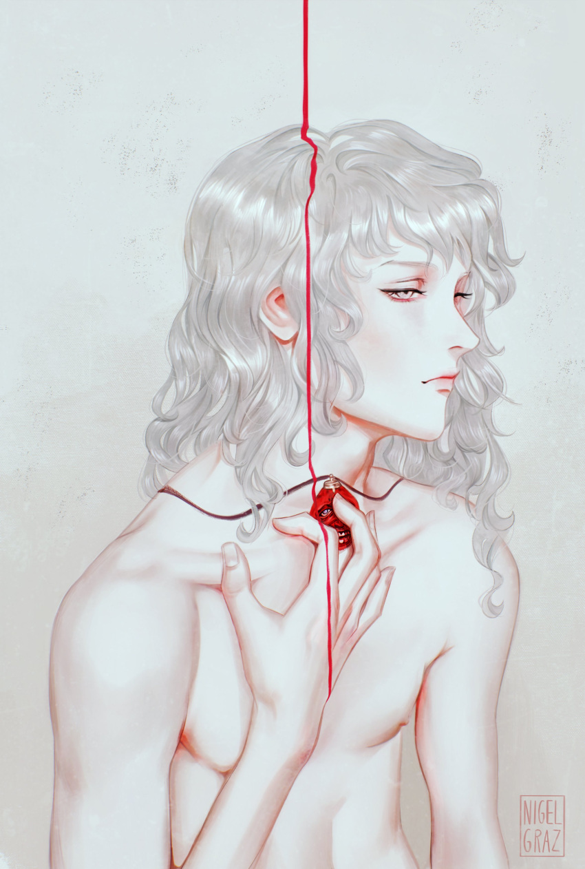 1boy absurdres berserk bishounen blood_drip closed_mouth empty_eyes grey_background griffith_(berserk) half-closed_eyes hand_on_own_chest highres jewelry male_focus necklace nigelgraz nipples pale_skin solo topless_male upper_body wavy_hair white_eyes white_hair