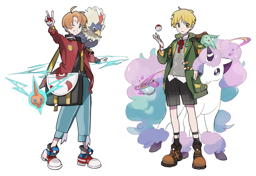 2boys ;) ahoge america_(hetalia) animal_on_shoulder axis_powers_hetalia backpack bag bird bird_on_shoulder black_shorts blonde_hair blue_eyes commentary crossover eji_gakuki fingernails full_body galarian_ponyta green_eyes hand_on_own_hip highres holding holding_poke_ball jacket jewelry male_focus multiple_boys necklace no_eyewear on_shoulder one_eye_closed open_clothes open_jacket poke_ball pokemon pokemon_(creature) pokemon_on_shoulder rotom rufflet shoes shorts sinistea smile symbol-only_commentary thick_eyebrows united_kingdom_(hetalia) v white_background