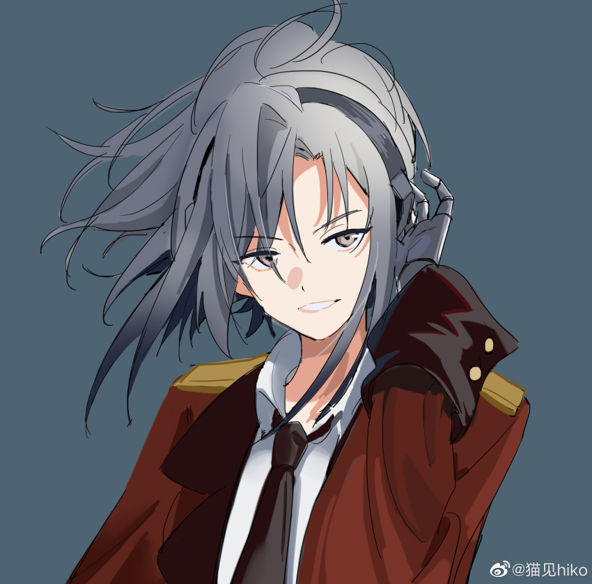 1girl absurdres adjusting_hair angelia_(girls'_frontline) black_necktie coat collared_shirt commentary_request girls'_frontline grey_eyes grey_hair griffin_&amp;_kryuger_military_uniform headphones highres mao_jian_hiko medium_hair necktie red_coat shirt simple_background smile solo upper_body weibo_username white_shirt