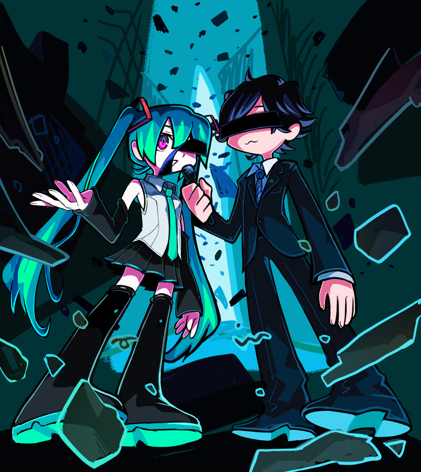 1boy 1girl :3 absurdres alternate_eye_color aqua_hair aqua_necktie arufa_faru bar_censor black_footwear black_hair black_skirt black_suit blue_necktie boots censored collared_shirt commentary destruction detached_sleeves diagonal-striped_necktie floating formal full_body hair_ornament hand_up hatsune_miku hatsune_miku_(vocaloid4) highres holding holding_microphone identity_censor long_hair long_sleeves microphone necktie niow one_eye_covered open_mouth pink_eyes pleated_skirt ringed_eyes rubble shirt shoes skirt sleeveless sleeveless_shirt suit swept_bangs thigh_boots tokumei_m_(vocaloid) tokumei_radio twintails very_long_hair vocaloid white_shirt