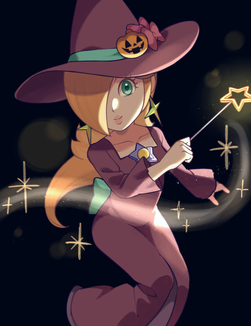 1girl absurdres aqua_eyes black_background blonde_hair bow brooch closed_mouth collarbone dress earrings hair_over_one_eye hat hat_bow highres holding holding_wand jack-o'-lantern_hat_ornament jewelry long_hair long_sleeves looking_at_viewer mario_(series) mario_kart mario_kart_tour official_alternate_costume purple_dress purple_headwear rosalina rosalina_(halloween) sasaki_sakiko smile solo star_(symbol) star_brooch star_earrings wand witch witch_hat