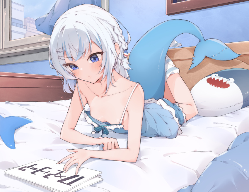 1girl absurdres airenif bed_sheet blue_camisole blue_eyes blue_shorts blush braid breasts camisole closed_mouth collarbone commentary_request crossed_bangs english_commentary fins fish_hair_ornament fish_tail gawr_gura hair_ornament highres hololive hololive_english loose_socks lying math medium_hair on_bed on_stomach shark_girl shark_hair_ornament shark_tail shorts small_breasts socks solo striped striped_socks tail v-shaped_eyebrows virtual_youtuber