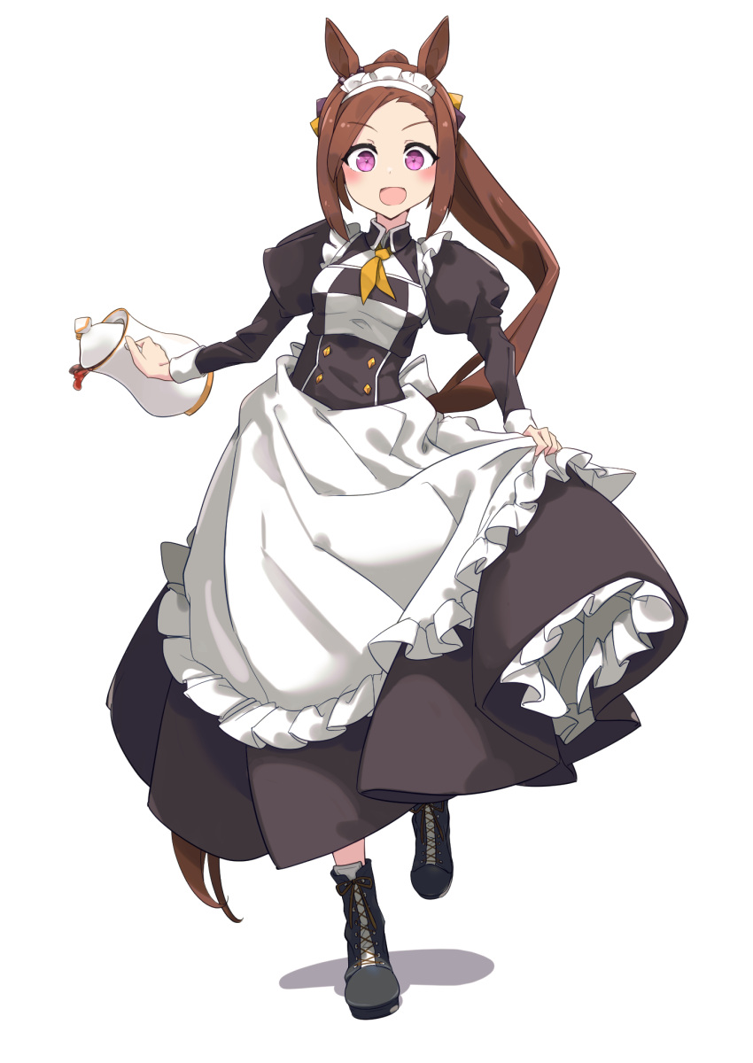 1girl :d alternate_costume animal_ears apron blush boots brown_hair enmaided full_body highres horse_ears horse_girl long_hair long_sleeves looking_at_viewer maid maid_headdress pitcher_(container) ponytail purple_eyes sakura_bakushin_o_(umamusume) simple_background skirt_hold smile solo standing standing_on_one_leg totomono umamusume waist_apron white_background