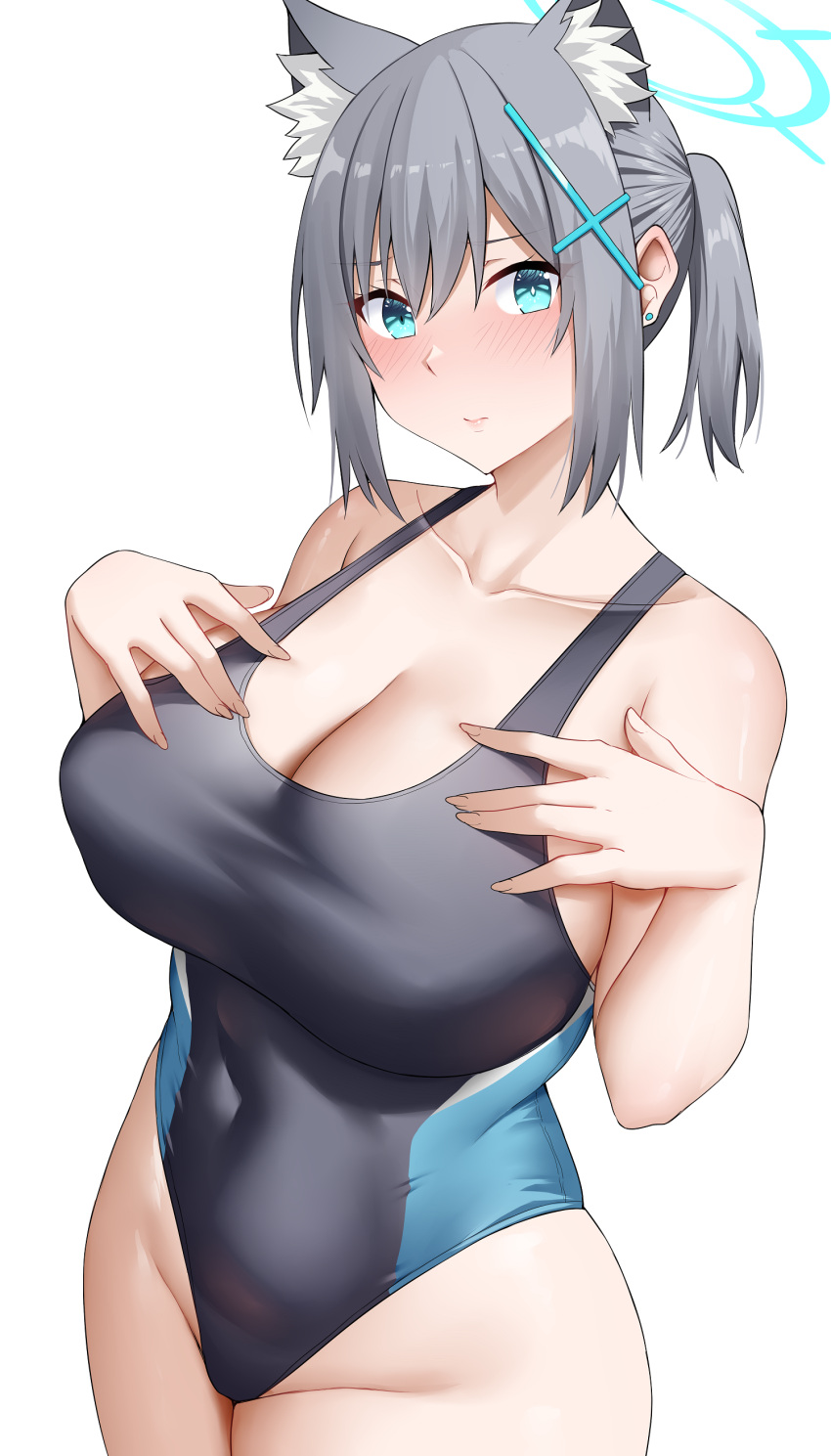 1girl absurdres animal_ear_fluff animal_ears arind_yudha bare_shoulders blue_archive blue_eyes blue_one-piece_swimsuit blush breasts cleavage collarbone covered_navel cross_hair_ornament extra_ears grey_hair hair_ornament halo highleg highleg_swimsuit highres large_breasts looking_at_viewer medium_hair multicolored_clothes multicolored_swimsuit one-piece_swimsuit shiroko_(blue_archive) shiroko_(swimsuit)_(blue_archive) short_ponytail sidelocks solo swimsuit thighs wolf_ears