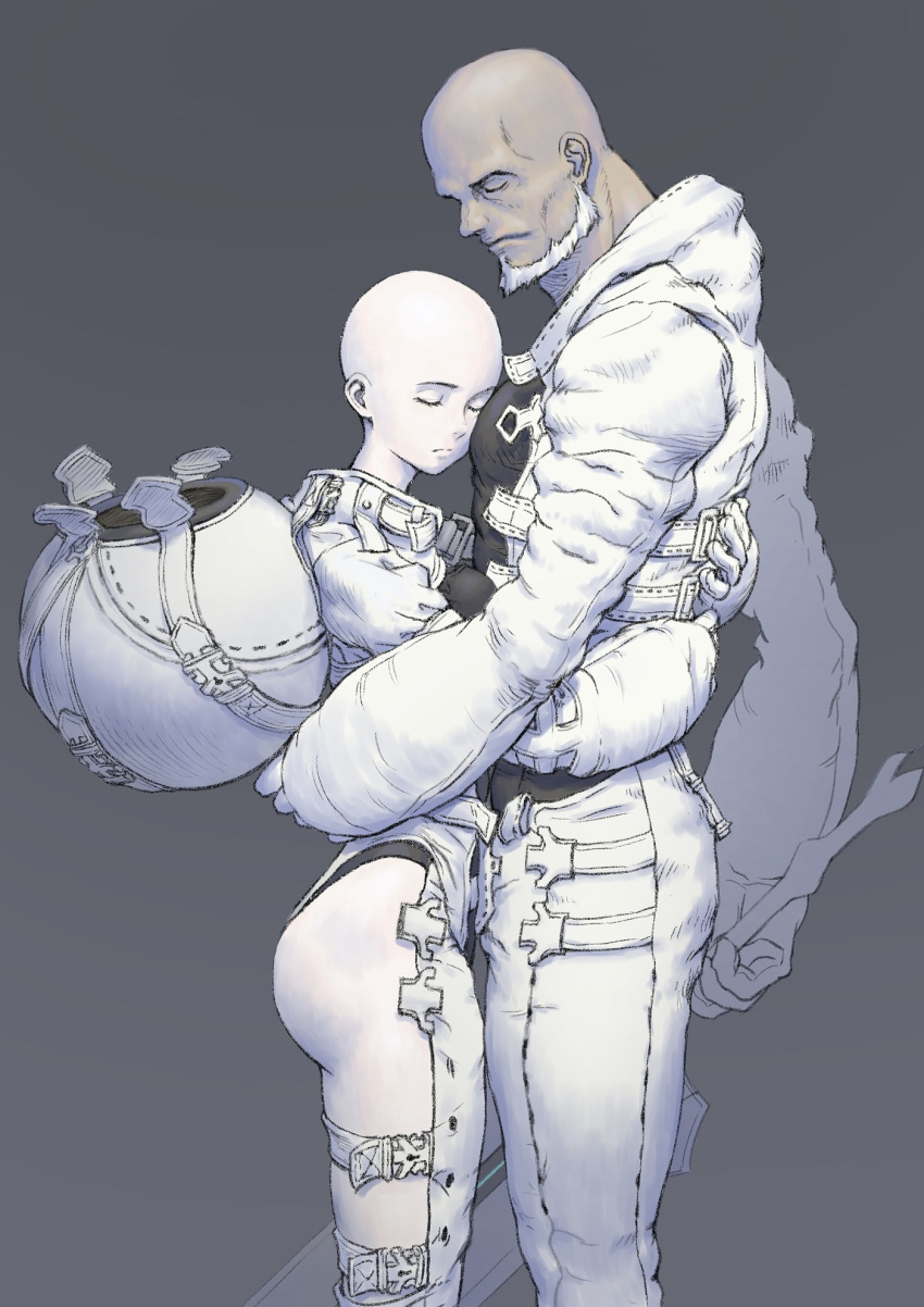 063y_(nier) bald beard belt closed_eyes dark-skinned_male dark_skin f66x_(nier) facial_hair gloves grey_background headwear_removed helmet helmet_removed highres holding holding_sword holding_weapon hug nier_(series) nier_reincarnation pale_skin shinichi_kobe standing sword weapon white_gloves white_hair