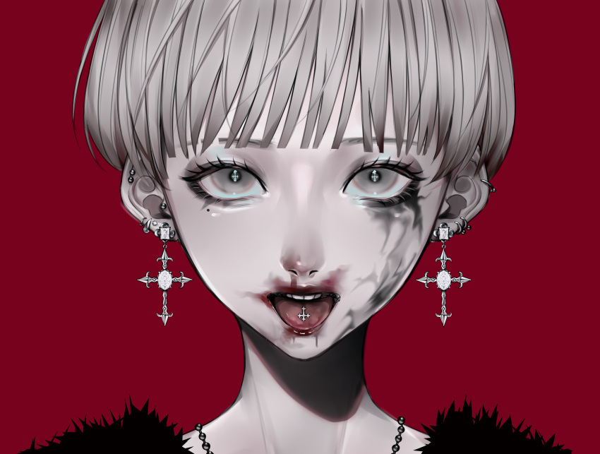 1girl absurdres cross-shaped_pupils ear_piercing earrings grey_eyes grey_hair highres jewelry lipstick looking_at_viewer makeup mano_aaa necklace original piercing red_background runny_makeup short_hair simple_background smeared_lipstick solo symbol-shaped_pupils tongue tongue_out tongue_piercing