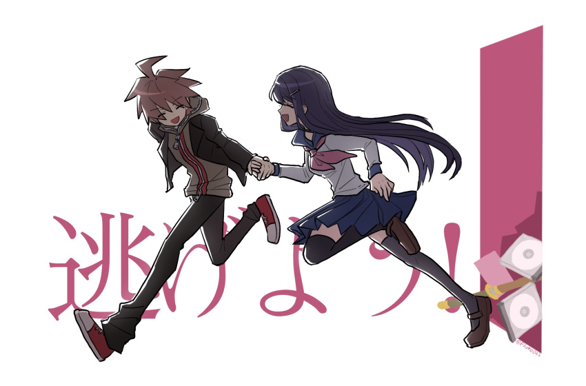 1boy 1girl :d ahoge black_jacket black_pants black_thighhighs blue_hair blue_sailor_collar blue_skirt brown_footwear brown_hair danganronpa:_trigger_happy_havoc danganronpa_(series) facing_another foot_up fue_(flute032) green_hoodie hair_ornament hairclip highres holding_hands hood hood_down hoodie jacket long_hair long_sleeves maizono_sayaka miniskirt naegi_makoto neckerchief open_clothes open_jacket open_mouth pants pink_background pink_neckerchief pleated_skirt red_footwear sailor_collar shirt shoes simple_background skirt smile thighhighs translation_request white_shirt zipper