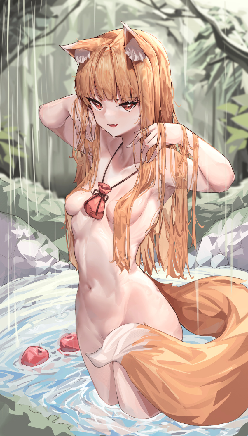 1girl absurdres animal_ears apple breasts brown_hair collarbone completely_nude convenient_censoring fang food fruit highres holo long_hair looking_at_viewer mung_(larnec) navel nude open_mouth pouch red_eyes small_breasts smile solo spice_and_wolf standing tail very_long_hair wading water wet wolf_ears wolf_girl wolf_tail