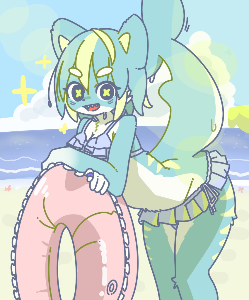 anthro beach bikini blonde_hair blue_body blue_fur blue_hair breasts cleavage clothed clothing cross_pupils domestic_cat felid feline felis female fin fish fur hair hi_res highlights_(coloring) hybrid kemono leaning leaning_forward looking_at_viewer mammal marine mikeyama open_mouth open_smile raised_tail seaside shark shark_tail sharp_teeth smile solo sparkles stripes swim_ring swimwear tail tail_fin teeth