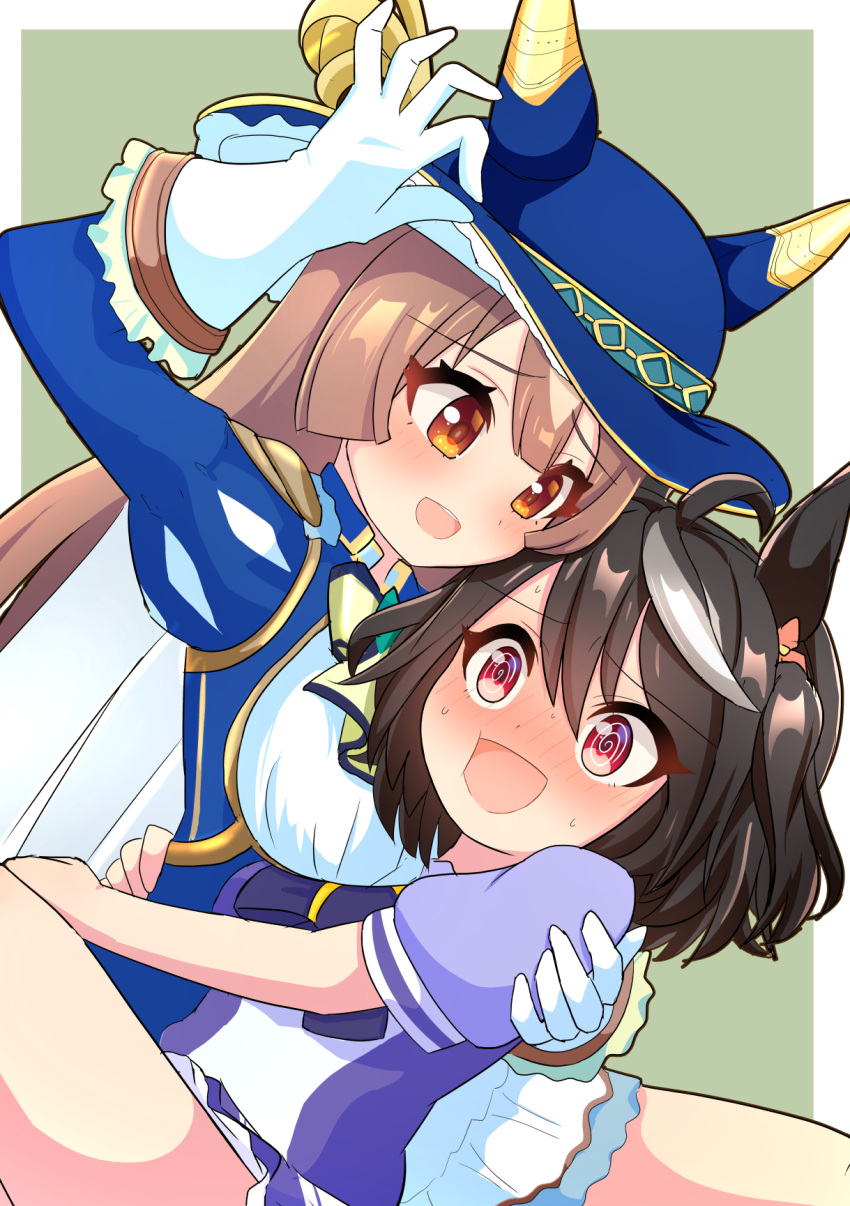 2girls @_@ adjusting_clothes adjusting_headwear ahoge animal_ears black_hair blue_dress blue_headwear blush breasts brown_hair carrying commentary_request dress ear_covers ear_ornament gloves hair_between_eyes highres horse_ears horse_girl kitasan_black_(umamusume) large_breasts long_hair long_sleeves multicolored_hair multiple_girls official_alternate_costume open_mouth princess_carry puffy_short_sleeves puffy_sleeves purple_shirt satono_diamond_(chevalier_bleu)_(umamusume) satono_diamond_(umamusume) school_uniform shirt short_sleeves streaked_hair summer_uniform tracen_school_uniform umamusume upper_body white_gloves white_hair whitelily_bread