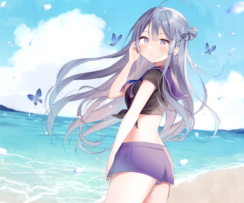 1girl absurdres ahoge beach black_shirt bow-shaped_hair breasts bug butterfly cowboy_shot crop_top day from_side grey_eyes grey_hair hand_on_own_cheek hand_on_own_face hand_up highres long_hair looking_at_viewer looking_to_the_side midriff ocean original outdoors parted_lips purple_shorts sailor_collar scan shiino_sera shirt short_shorts short_sleeves shorts side-tie_shirt small_breasts solo standing thighs very_long_hair