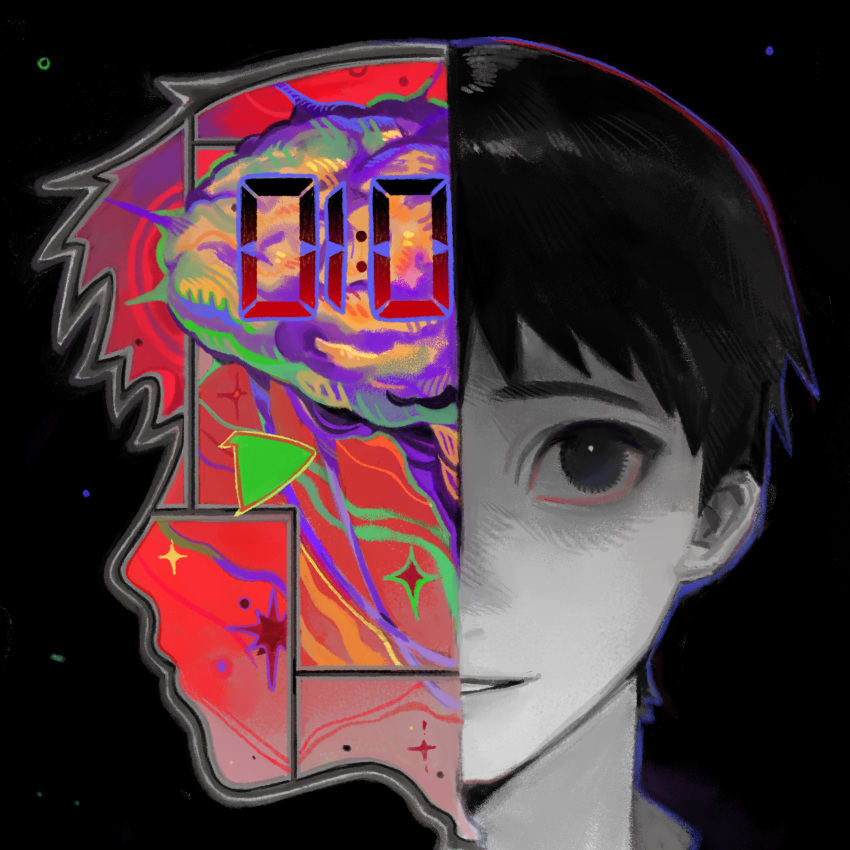 1boy absurdres bedemientay1802 black_background brain commentary english_commentary highres ikari_shinji light_particles looking_at_viewer male_focus neon_genesis_evangelion parted_lips partially_colored portrait profile revealing_layer short_hair smile solo sparkle split_theme surreal timestamp