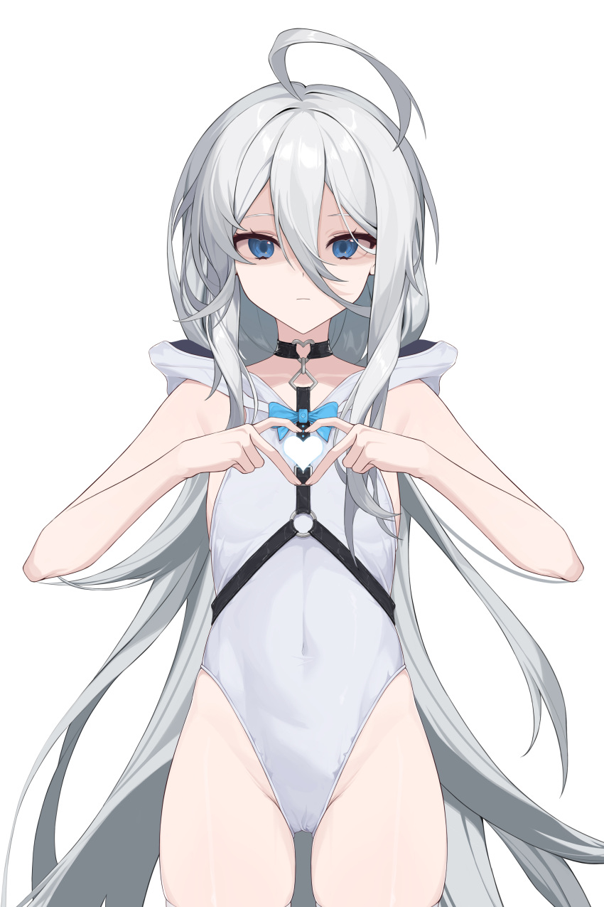 1girl absurdres ahoge blue_eyes closed_mouth covered_navel cowboy_shot expressionless flat_chest frown grey_hair groin hair_between_eyes hands_up heart heart_hands highres hood hood_down leotard long_hair looking_at_viewer original shaded_face simple_background solo very_long_hair white_background white_leotard yume_(454565427)