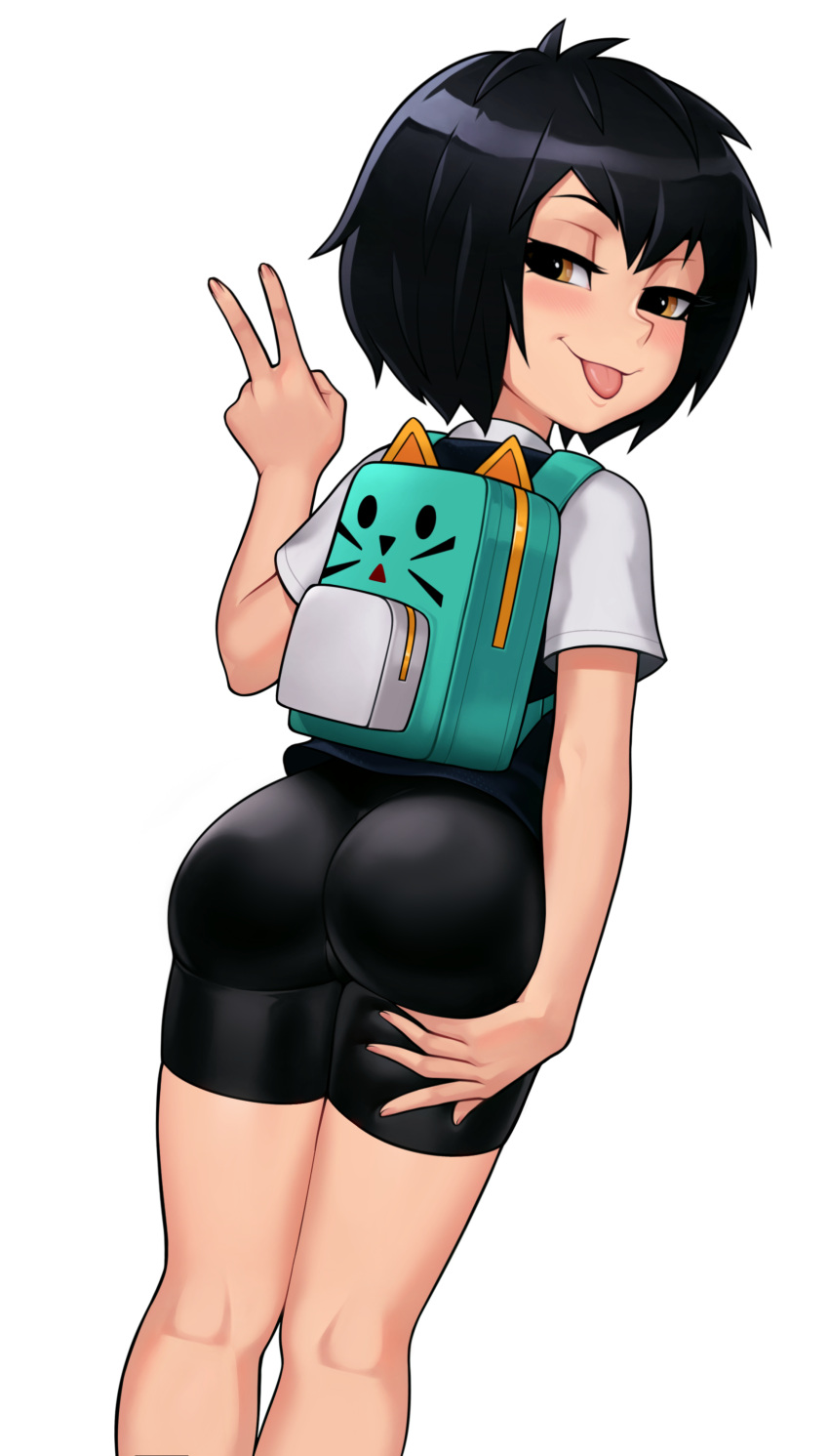 1girl :p absurdres arms_behind_back ass ass_focus ass_grab backpack bag bike_shorts bike_shorts_pull black_hair black_sweater_vest blush brown_eyes commentary commission dress_shirt eyelashes feet_out_of_frame fingernails from_behind grabbing_own_ass green_bag hair_between_eyes half-closed_eyes hand_up highres loodncrood looking_at_viewer looking_back marvel naughty_face peni_parker school_uniform second-party_source shirt short_hair short_sleeves simple_background skindentation smile smug solo spider-man:_into_the_spider-verse spider-man_(series) standing sweater_vest thighs tongue tongue_out v white_background white_shirt