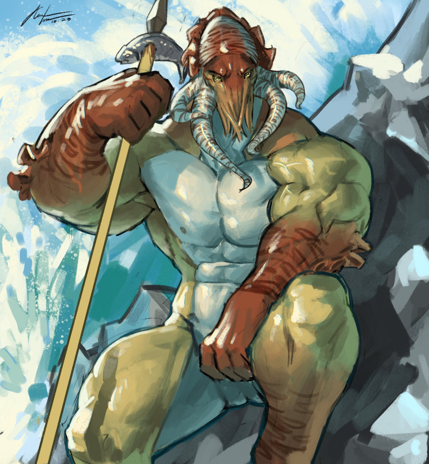 2023 abs alexxxnttt anthro barazoku biceps butt cephalopod coleoid cuttlefish decapodiform digital_media_(artwork) hi_res looking_at_viewer male marine mollusk muscular muscular_anthro muscular_male muscular_thighs nipples non-mammal_nipples pecs quads solo thick_thighs water weapon were werecuttlefish white_body yellow_body