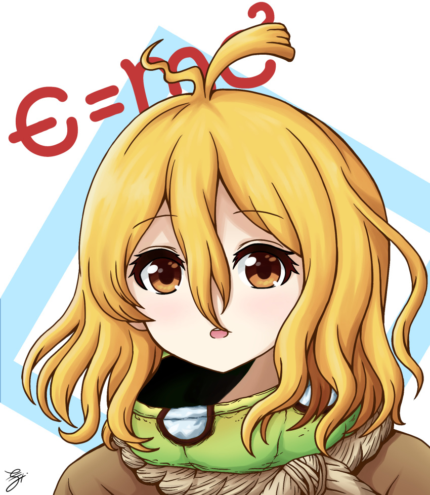 1girl blonde_hair blue_background brown_eyes brown_shirt commentary_request dr._stone goom_(goomyparty) hair_between_eyes highres looking_at_viewer parted_lips portrait shirt signature solo suika_(dr.stone) teeth two-tone_background upper_teeth_only white_background