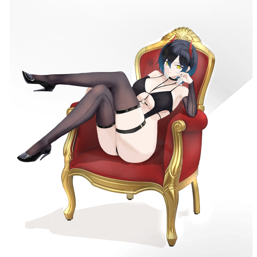 1girl absurdres ass azur_lane black_bra black_choker black_hair black_panties bra breasts choker cleavage crossed_legs earrings full_body hand_up high_heels highres horns jewelry knees_up large_breasts legs legs_up looking_at_viewer medium_breasts medium_hair multicolored_hair o-ring o-ring_top panties sitting slit_pupils smile solo suo_bu_ye_feng thigh_strap thighs throne two-tone_hair ulrich_von_hutten_(azur_lane) underboob underwear underwear_only white_hair yellow_eyes