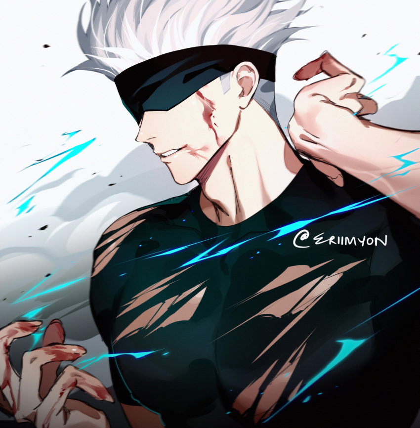 1boy artist_name black_blindfold black_shirt blindfold blood blood_on_face blood_on_hands covered_nipples eriimyon from_side gojou_satoru hair_between_eyes hand_up highres jujutsu_kaisen light_smile male_focus parted_lips shirt short_hair simple_background smoke solo torn_clothes torn_shirt upper_body white_background white_hair