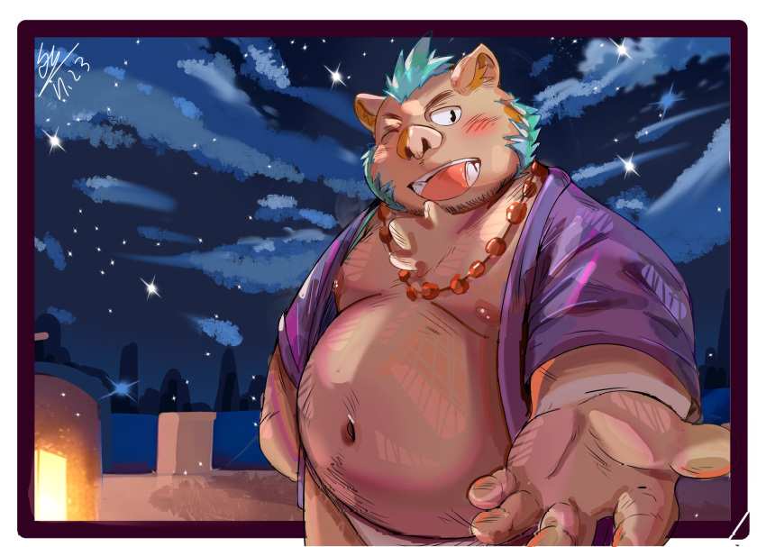 anthro asian_clothing belly blush brown_body brown_fur clothing east_asian_clothing fundoshi fur gouryou hi_res japanese_clothing jewelry lifewonders looking_at_viewer male mammal moobs navel necklace nipples offering_hand one_eye_closed overweight shirtless solo suid suina sus_(pig) tengzai05 tokyo_afterschool_summoners tusks underwear wild_boar wink winking_at_viewer