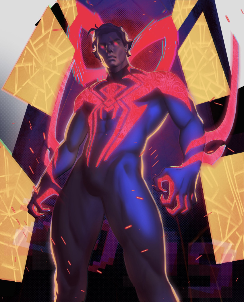 1boy animal_print black_hair blue_bodysuit bodysuit closed_mouth dark-skinned_male dark_skin glowing glowing_eyes highres male_focus marvel miguel_o'hara muscular muscular_male red_bodysuit red_eyes short_hair solo spider-man:_across_the_spider-verse spider-man_(2099) spider-man_(series) spider_print sweetlychii two-tone_bodysuit