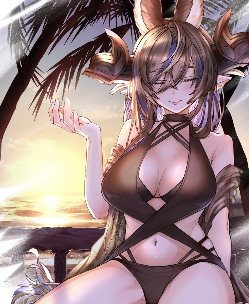 1girl animal_ears bikini breasts brown_bikini brown_hair closed_eyes galleon_(granblue_fantasy) granblue_fantasy highres horns large_breasts nabeji_(wata_nb) navel ocean pointy_ears shawl sitting sunrise swimsuit