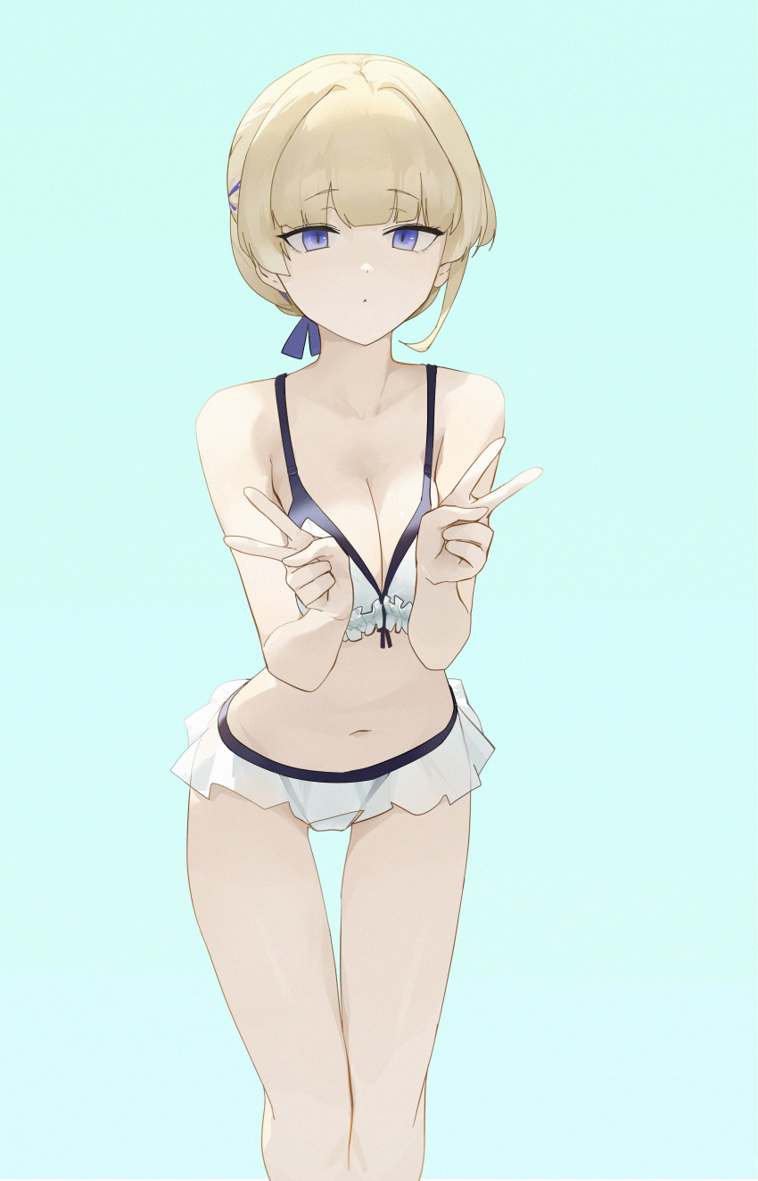 1girl :&lt; absurdres alternate_costume bikini bikini_skirt blonde_hair blue_archive breasts cleavage dokshuri double_v feet_out_of_frame highres looking_at_viewer medium_breasts navel simple_background solo stomach swimsuit toki_(blue_archive) v white_bikini