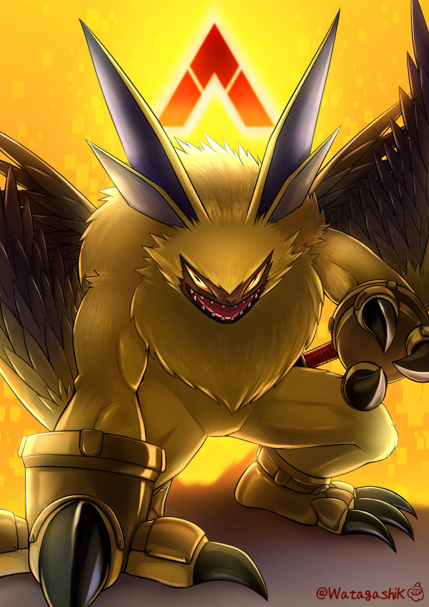 absurdres arm_support backlighting brown_wings claws commentary_request digimon digimon_(creature) feathered_wings furry highres lamortmon looking_at_viewer no_humans open_mouth orange_background sharp_teeth sheath sheathed signature simple_background solo standing sword sword_on_back teeth twitter_username watagashikn weapon weapon_on_back wings yellow_eyes