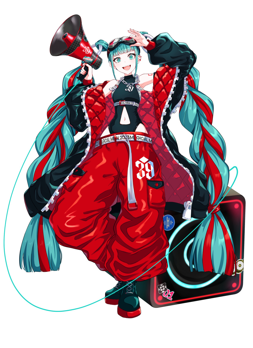 1girl 39 :d absurdres audio_jack baggy_pants bare_shoulders black_footwear black_leotard blue_eyes blue_hair blunt_bangs boots clothing_cutout cross-laced_footwear dot_nose full_body goggles goggles_on_head hand_on_goggles hand_up hatsune_miku highleg highleg_leotard highres holding holding_megaphone itogari lace-up_boots leotard long_hair looking_at_viewer magical_mirai_(vocaloid) magical_mirai_miku magical_mirai_miku_(2023) megaphone multicolored_hair navel navel_cutout number_tattoo open_mouth pants red_hair red_pants sidelocks simple_background smile solo speaker tattoo twintails two-tone_hair very_long_hair vocaloid white_background