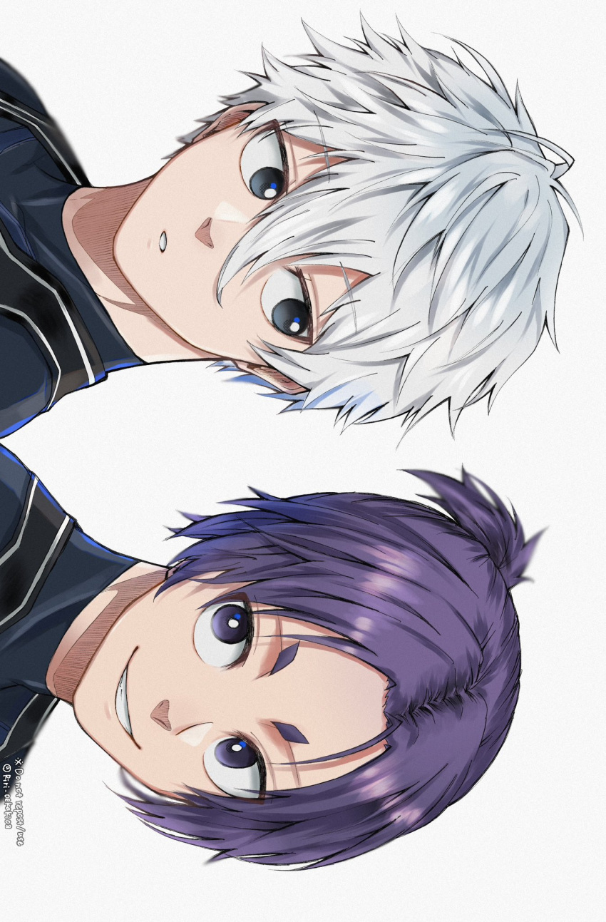 2boys black_eyes black_shirt blue_lock grin highres looking_at_another male_focus mikage_reo multiple_boys nagi_seishirou portrait purple_eyes purple_hair riri_oekaki08 shirt short_eyebrows short_hair short_ponytail sideways simple_background smile teeth v-shaped_eyebrows white_background white_hair