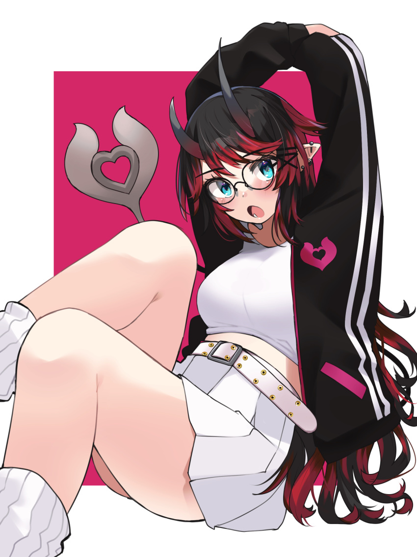 1girl :o absurdres alternate_costume arms_up belt black-framed_eyewear black_hair black_jacket blue_eyes blush breasts commentary demon_girl demon_horns demon_tail ear_bar earrings feet_out_of_frame glasses highres horns jacket jewelry large_breasts long_hair looking_at_viewer medium_bangs midriff multicolored_hair nanashi_inc. open_clothes open_jacket open_mouth pleated_skirt pointy_ears red_background red_hair round_eyewear ryugasaki_rene shirt simple_background sitting skirt socks solo tail two-tone_background two-tone_hair very_long_hair virtual_youtuber white_background white_belt white_shirt white_skirt white_socks zono_(inokura_syuzo029)