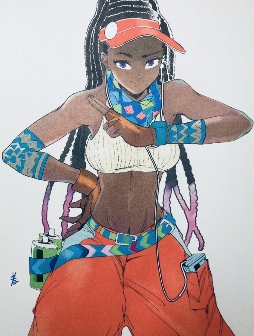 1girl bad_link baggy_pants belt black_hair blue_belt blue_neckerchief breasts brown_gloves cable colored_tips crop_top dark-skinned_female dark_skin dreadlocks earbuds earphones elbow_pads fingerless_gloves gloves grey_background hand_on_own_hip highres hiroshi_mono kimberly_(street_fighter) kuji-in linea_alba long_hair looking_at_viewer medium_breasts multicolored_hair multiple_belts neckerchief official_alternate_costume official_alternate_hairstyle orange_headwear pants purple_eyes purple_hair quad_braids single_elbow_pad sleeveless smartwatch smirk solo source_request spray_can street_fighter street_fighter_6 thick_eyebrows toned very_dark_skin visor_cap walkman watch wide_hips wristwatch