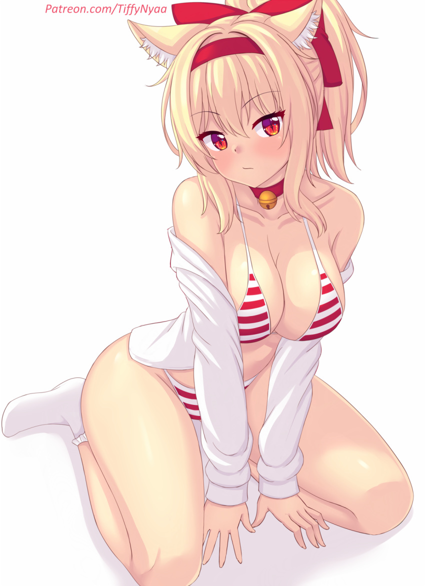 1girl animal_ears bare_shoulders bell bikini blonde_hair blush breasts cat_ears cat_girl choker cleavage closed_mouth collarbone commentary english_commentary full_body hair_ornament highres kneeling large_breasts long_hair long_sleeves looking_at_viewer neck_bell nottytiffy off_shoulder open_clothes open_shirt original patreon_username ponytail red_choker red_eyes shirt simple_background socks solo striped striped_bikini swimsuit thighs tiffy_(nottytiffy) white_background white_shirt white_socks