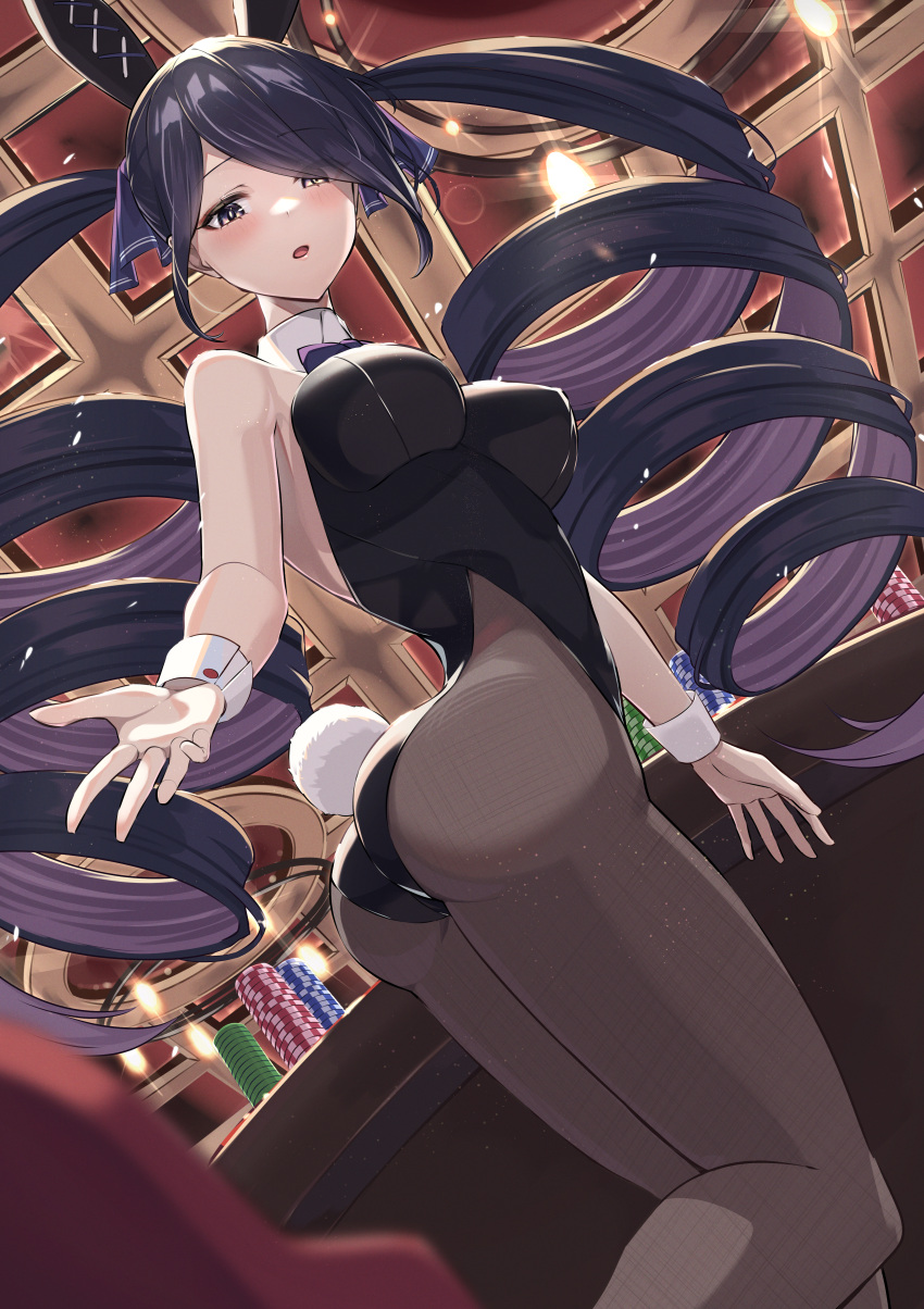 1girl absurdres animal_ears arched_back ass backless_leotard beckoning black_hair black_leotard blush breasts brown_pantyhose casino casino_card_table commentary detached_collar drill_hair dutch_angle fake_animal_ears feet_out_of_frame grey_eyes highleg highleg_leotard highres impossible_clothes impossible_leotard indoors leotard long_hair looking_at_viewer medium_breasts open_mouth original pantyhose playboy_bunny poker_chip reaching reaching_towards_viewer red_eyes ringopan skin_tight solo table twin_drills twintails twisted_torso very_long_hair wing_collar wrist_cuffs