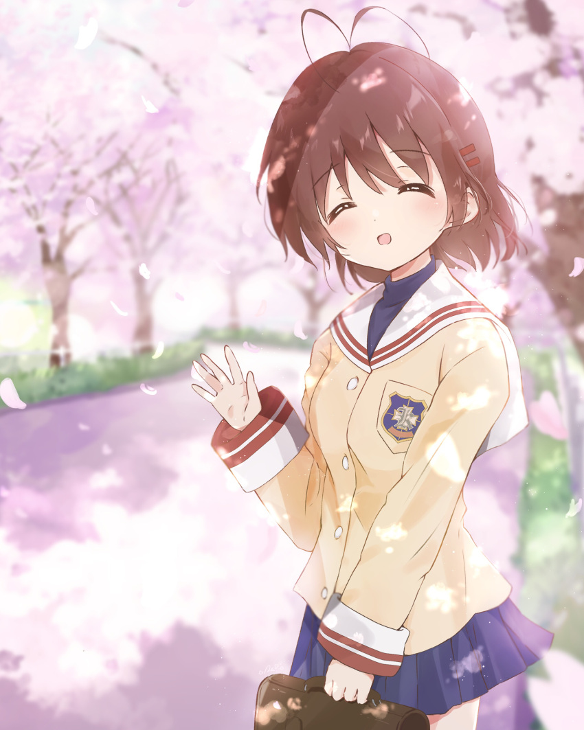 1girl :d ^_^ antenna_hair bag blue_skirt blurry blurry_background blush brown_bag brown_hair cherry_blossoms clannad closed_eyes commentary_request dappled_sunlight day facing_viewer falling_petals furukawa_nagisa hair_between_eyes hair_ornament hairclip hand_up happy highres holding holding_bag jacket long_sleeves medium_hair miniskirt open_mouth outdoors park petals pleated_skirt sailor_collar sakura_aki sidelighting skirt smile solo sunlight waving white_sailor_collar yellow_jacket