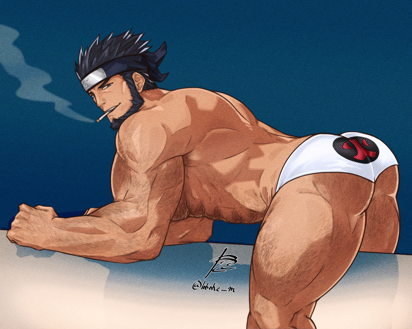 1boy abs absurdres all_fours alternate_body_hair arm_hair ass ass_hair back bara beard bikini_briefs black_hair cheekbones chest_hair cigarette commission facial_hair feet_out_of_frame forearms forehead_protector from_side hair_slicked_back hairy highres konohagakure_symbol leg_hair loboke looking_at_viewer male_focus male_underwear mature_male muscular muscular_male naruto_(series) naruto_shippuuden navel navel_hair pectorals presenting print_male_underwear sarutobi_asuma second-party_source seductive_smile short_hair signature smile smirk smoke_trail smoking solo stomach strongman_waist thick_eyebrows thick_thighs thighs topless_male triceps underwear white_male_underwear
