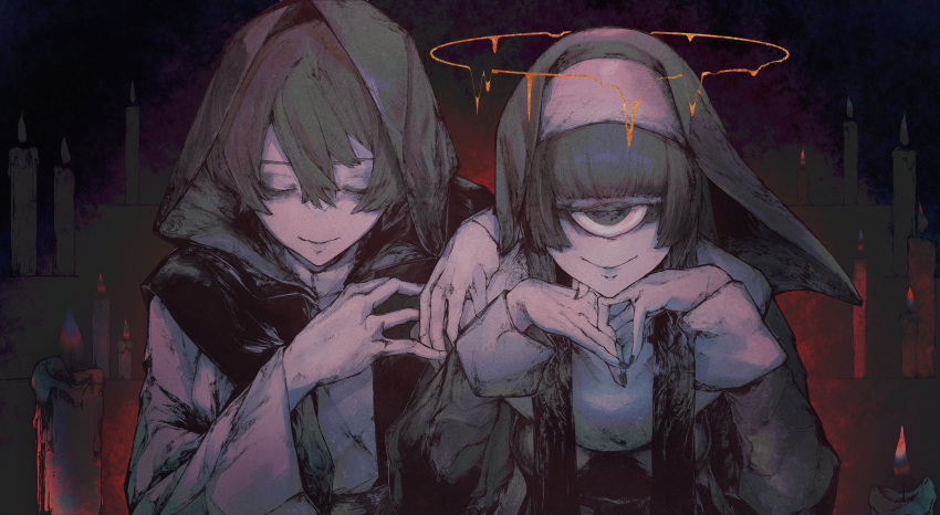 2girls absurdres arm_rest arm_support be_my_guest_(vocaloid) candle closed_eyes creepy_eyes cyclops dark_background fingernails halo head_rest highres hime_cut hood limited_palette long_hair long_sleeves multiple_girls nail_polish nun one-eyed shiro_iku short_hair smile upper_body