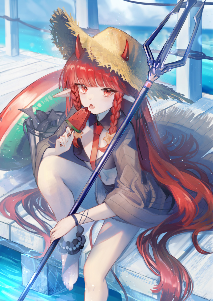 1girl ankle_garter arknights barefoot bikini black_bikini braid breasts brown_headwear brown_jacket cloud day demon_horns dock fangs food hat hemorina highres holding holding_food horns horns_through_headwear innertube jacket long_hair looking_at_viewer navel open_clothes open_jacket outdoors polearm popsicle red_eyes red_hair side_braids sitting small_breasts solo spear stomach straw_hat swimsuit very_long_hair vigna_(arknights) water watermelon_bar weapon